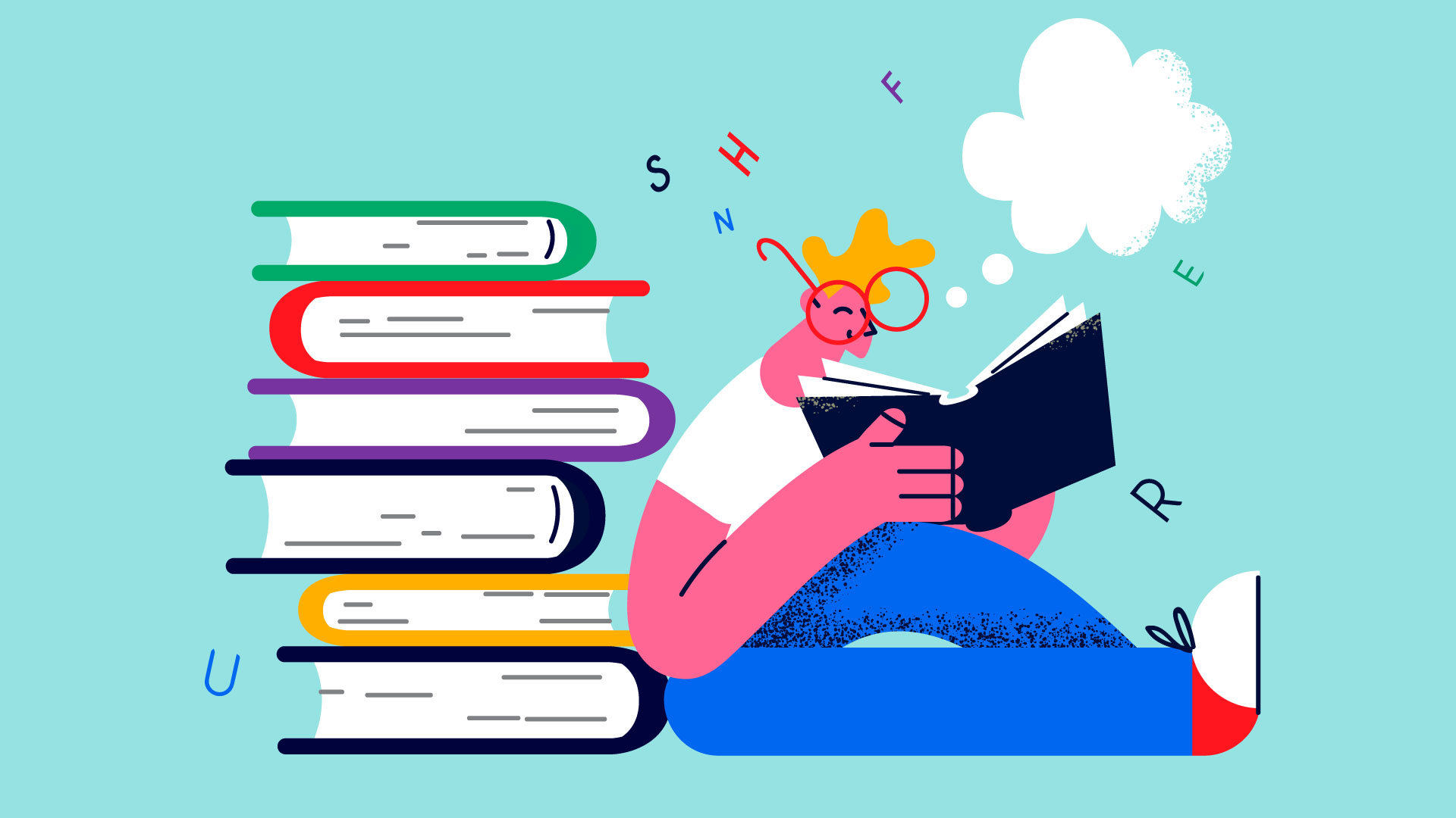 Ragazzo legge libri con lettere fluttuanti