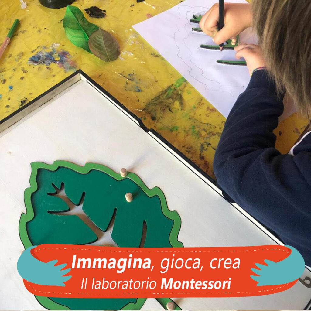 Bambino disegna foglia in laboratorio Montessori